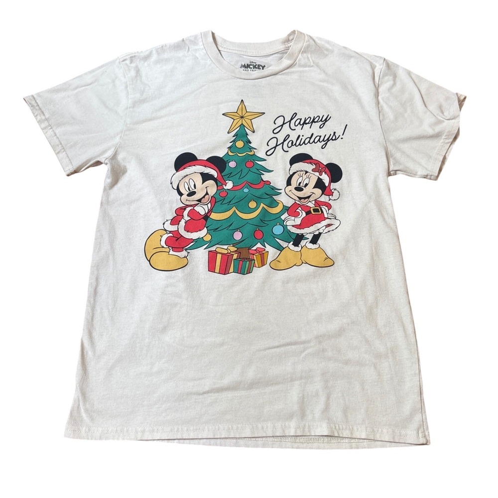 Disney Mickey Minnie Christmas T-Shirt Mens Cream Happy Holidays Graphic SIZE‎ M